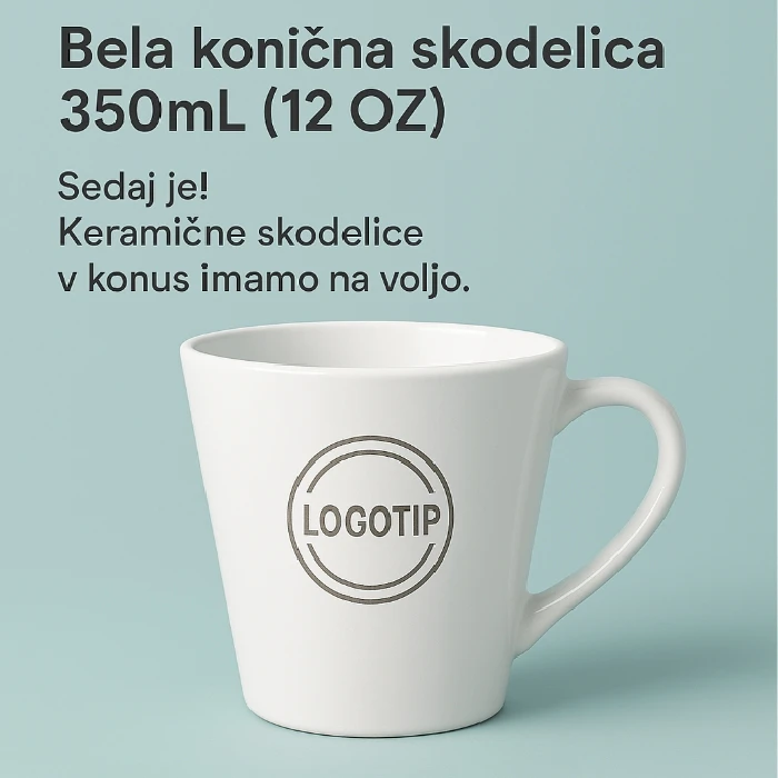 Bela konična skodelica 350mL (12 OZ), white cone mug,bela konična skodelica,konična skodelica,bela konična skodelica, 350mL, 12 oz, ceneje, ugodno, prihranek, lokalno, Ljubljana, gravirana skodelica, keramična skodelica, promocijska darila, konus skodelice